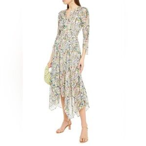 Maje Floral Print Asymmetric Metallic Fil Coupé Chiffon Midi Dress Sheer Size 40